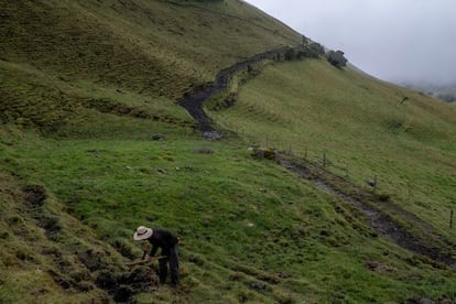 Evelio Ortiz, 70 años, campesino de la zona en riesgo Herveo, Tolima, a 6 kilometros del nevado del Ruíz, mientras ara tierra, en Herveo, Tolima, el 27 de abril el 2023.