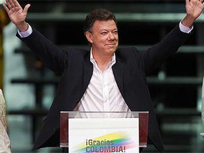 El presidente electo de Colombia, Juan Manuel Santos, durante su discurso de victoria.