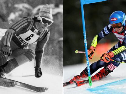 A la izquierda, Ingemar Stenmark en los Juegos Olímpicos de invierno de 1976; a la derecha, Mikaela Shiffrin durante la copa del mundo de esquí de 2023.