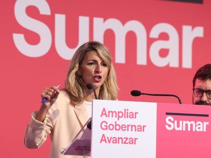 La líder de Sumar, Yolanda Díaz, este sábado durante su intervención ante los inscritos desu formación en Madrid.