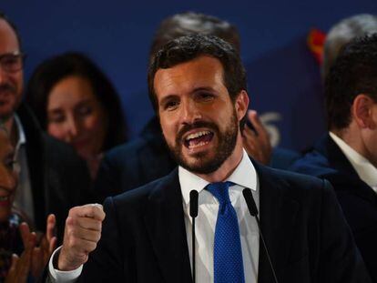 El líder del PP, Pablo Casado, tras los resultados, en la sede del PP en Madrid.