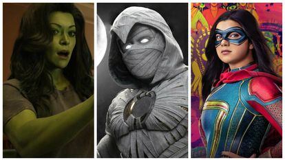 Desde la izquierda, She-Hulk, Caballero Luna y Ms. Marvel, los nuevos protagonistas de las series de Marvel.