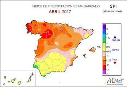 Indice de precipitación estandarizado desde hace un mes donde se muestra una anomalia seca en la mayor parte del norte de la península.
