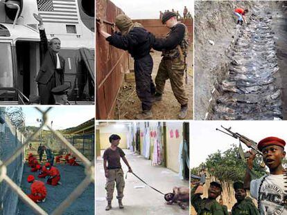 El 'caso Watergate', la represión en Chechenia, las fosas descubiertas en Bosnia, la prisión de Guantánamo, los abusos en la cárcel iraquí de Abu Ghraib o los niños soldados en muchos países africanos (de izquierda a derecha y de arriba a abajo) son algunos de los temas que las investigaciones periodísticas han desvelado en los últimos años.
