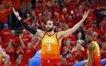 Ricky Rubio celebra una de sus canastas ante los Thunder.