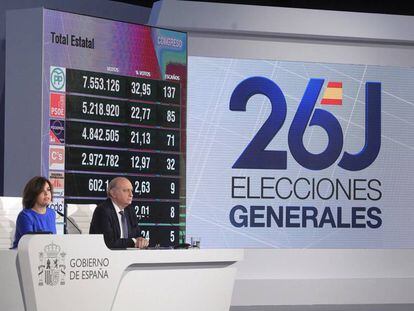 Soraya S&aacute;enz de Santamar&iacute;a y Jorge Fern&aacute;ndez D&iacute;az durante la rueda de prensa para ofrecer los resultados del escrutinio en las elecciones generales. 