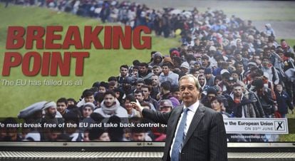 El líder de UKIP, Nigel Farage, este jueves en un acto de campaña a favor del 'Brexit' en Londres.