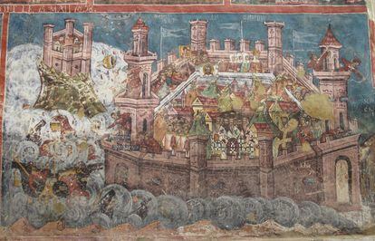 El mural recoge el asedio de Constantinopla en 626 por persas y ávaros, expulsados de las estepas por el hambre y los turcos. Su derrota supuso el fin del imperio persa.