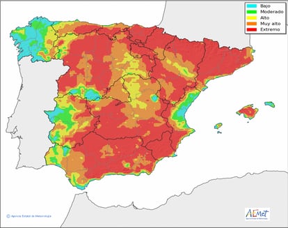 Mapa de riesgo de incendios en España para este jueves.