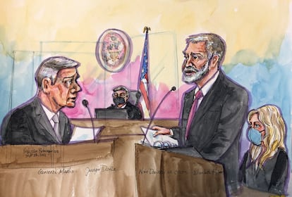 Dibujo del testimonio del exsecretario de Defensa Jim Mattis en el juicio de Holmes.