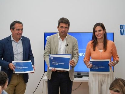 Rubén Ibáñez, Carlos Mazón y Beatriz Gascó, este viernes en la sede del PP en Valencia.