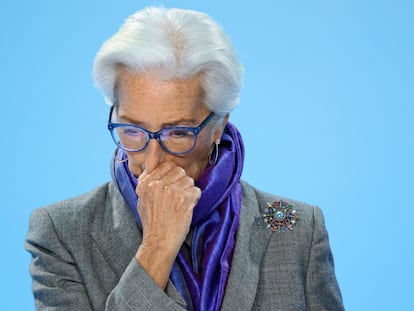 Christine Lagarde, durante la rueda de prensa del BCE, este jueves en Fráncfort (Alemania).