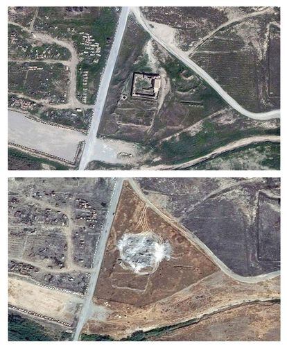 El ISIS destruyó el monasterio más antiguo de Irak, el de San Elías, ubicado en una colina sobre Mosul. Había sido un lugar de rezo desde hacía 1.400 años. En la imagen, arriba, una fotografía de satélite del convento de San Elías tomada en marzo de 2011; abajo, una captura de la misma zona obtenida en enero de 2016.