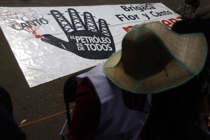 Un manifestante afuera del Senado.