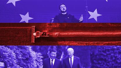 Zelenski, cosechadoras en Ucrania, y Biden y Xi.