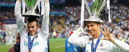 Gareth Bale y Cristiano Ronaldo posan con la decimotercera Copa de Europa, conseguida el sábado en Kiev (Ucrania).
