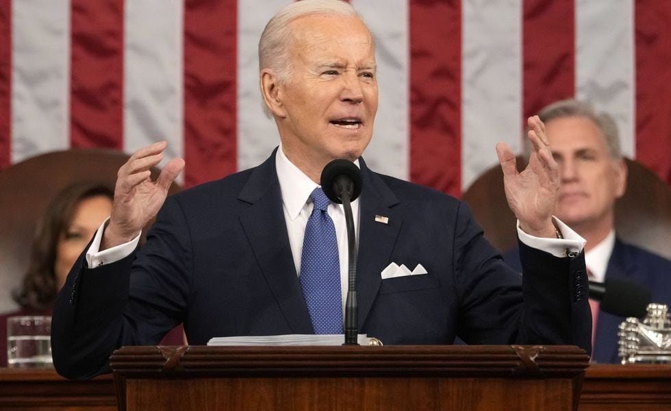 US President Joe Biden speaks during a State of the Union address at the US Capitol in Washington, DC, US, on Tuesday, Feb. 7, 2023. Biden is speaking against the backdrop of renewed tensions with China and a brewing showdown with House Republicans over raising the federal debt ceiling. Photographer: Jacquelyn Martin/AP/Bloomberg