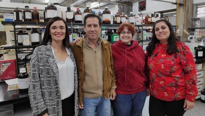 De izquierda a derecha, Ana Alcudia, Rafael Prado, Aila Jiménez y Belén Begines, integrantes de grupo de investigación de Sevilla que ha desarrollado la tinta de oro.