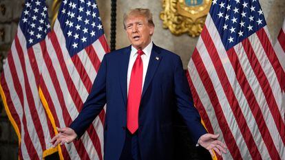 Republican presidential candidate former President Donald Trump speaks at his Mar-a-Lago estate, Monday, March 4, 2024, in Palm Beach, Fla. The Supreme Court unanimously restored Trump to 2024 presidential primary ballots, rejecting state attempts to ban him over the Capitol riot.(AP Photo/Rebecca Blackwell)
