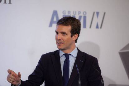 El presidente del PP, Pablo Casado, en una intervención pública en Sevilla.