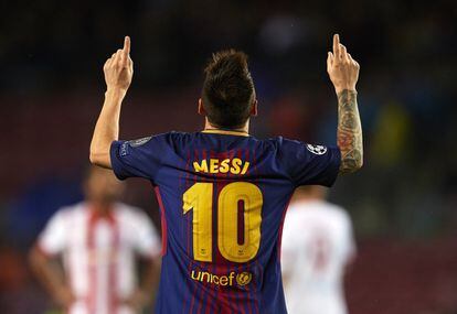 Lionel Messi celebra el segundo gol del equipo.