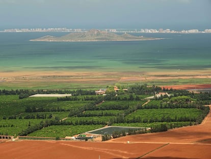 Vista del mar Menor, con unos campos de cultivo en primer plano.