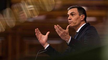 El presidente del Gobierno, Pedro Sánchez, durante el debate de la sexta prórroga del estado de alarma en el Congreso, este miércoles.