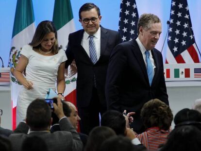 Freeland, Guajardo y Lighthizer, este martes en la Ciudad de México.