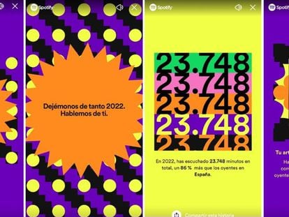 Algunos de los mensajes que manda Spotify Wrapped a sus usuarios sobre su consumo anual de música.
