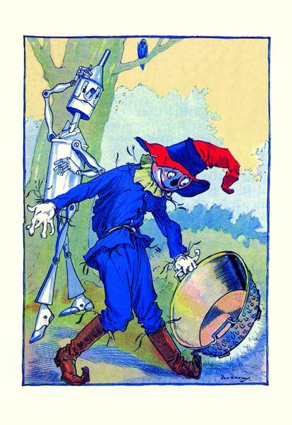 El Hombre de Hojalata y el Espantapájaros de "El maravilloso mago de Oz", imaginados por el ilustrador de la serie de libros, John Rea Neill.