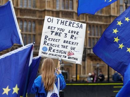 Manifestantes contrarios al Brexit protestan frente al Parlamento, este mi&eacute;rcoles en Londres.