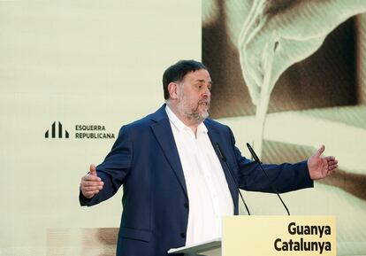 l presidente de ERC, Oriol Junqueras, durante su intervención en el acto de ratificación celebrado este sábado en Barcelona.
