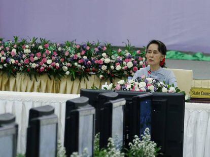 La consejera de Estado de Myanmar, Aung San Suu Kyi, el 26 de febrero de 2018.