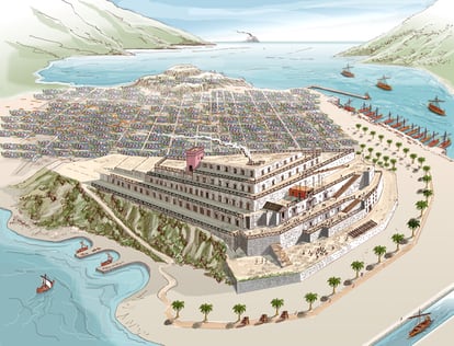 Reconstrucción idealizada del palacio de Asdrúbal en Cartagena que aparece en el libro de Iván Negueruela.