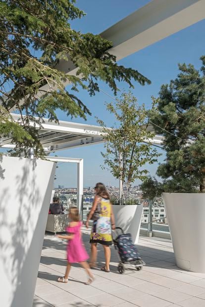 Detail of the roof, a public plaza where trees, a viewpoint and photovoltaic panels coexist.