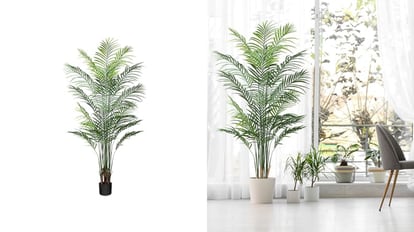 Esta planta artificial, tipo palmera, se adapta muy bien a salones o dormitorios. CROSOFMI.