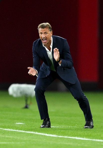 Herve Renard, France coach, gives instructions to his players. 