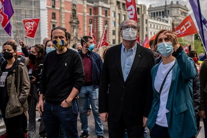 Pablo Iglesias (Podemos), Ángel Gabilondo (PSOE), y Mónica García (Más Madrid), en la manifestación del 1 de mayo.
