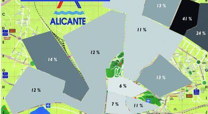 Mapa por barrios de Alicante con los &iacute;ndices de paro. 