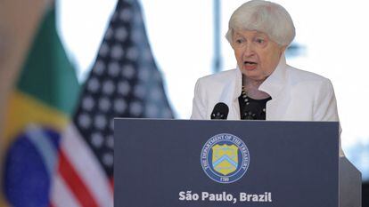La secretaria general del Tesoro de EE UU, Janet Yellen, en una conferencia en Sao Paulo este martes.