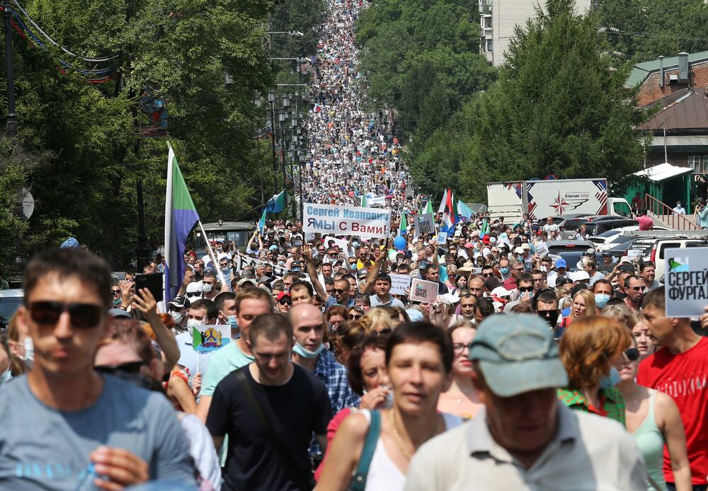 Protesta en apoyo al gobernador de Jabárovsk Krai, Serguéi Furgal, este sábado en la ciudad de Jabárovsk.