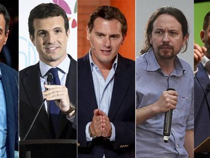Pedro Sánchez, Pablo Casado, Albert Rivera, Pablo Iglesias y Santiago Abascal.