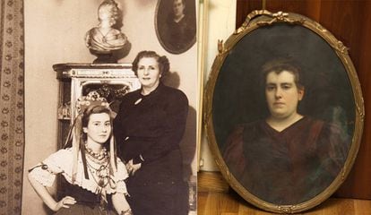 Un retrato al óleo de Silveria Fañanás vendido en el Rastro (derecha) aparece también en una foto antigua de Angelines (izquierda), la nieta de Cajal, en su palacete.