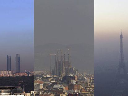 La contaminación sobre Madrid, Barcelona y París.