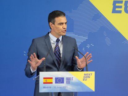 Pedro Sánchez en comparecencia el día en que la Comisión Europea dio el visto bueno al Plan de Recuperación, Transformación y Resiliencia.