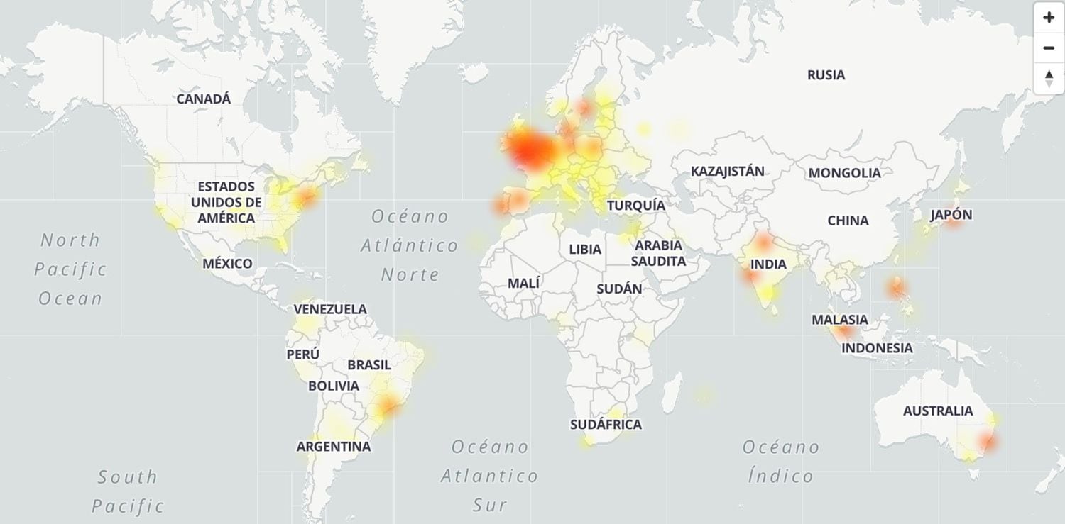 Mapa con los lugares donde daba problemas el servicio de Gmail a las 13.00 hora española.