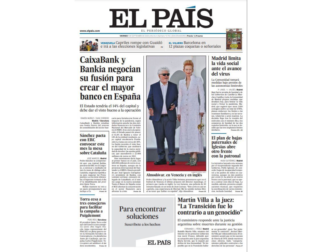 Portada del diario EL PAÍS del 4 de septiembre de 2020.