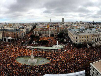 Concentración en Madrid de PP, Ciudadanos y Vox en contra del Gobierno el pasado 10 de febrero. 