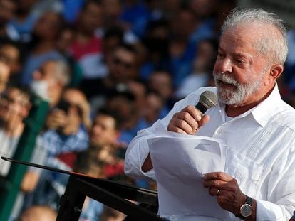 Lula da Silva, el día 16 en el mitin con el que abrió su campaña para las elecciones presidenciales, en una fábrica de Volkswagen en São Bernardo do Campo.