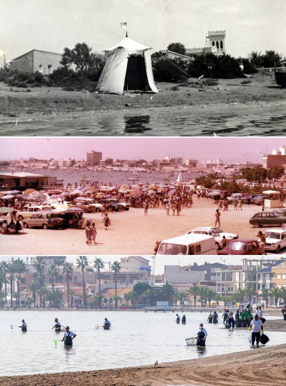 Arriba, un puesto de baño en la playa de Villananitos en una imagen de los años veinte. En el centro, una imagen en pleno desarrollismo de los años setenta. Abajo, la misma playa el pasado lunes, cuando trabajadores de la Comunidad de Murcia recogieron toneladas de peces muertos en la costa de San Pedro del Pinatar.